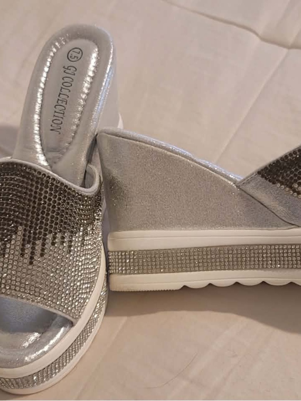 GG Collection Silver Rhinestone Wedge Slides